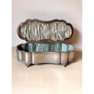 Large Antique Bergh Silver Plate Footed Casket - Beaded Scalloped Trinket Box